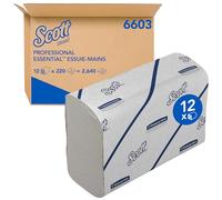 Essuie-mains Scott® Essential™ 6603 - pliés, enchevêtrés en V, 2 Épaisseurs, Blancs, Absorbants & Écoresponsables - 12 Paquets x 220 Feuilles (2 640 au Total)