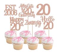 EST 2006 Lot de 24 décorations de gâteau d'anniversaire à paillettes 2006 - Vingt joyeux anniversaire - 20 ans - Décoration de gâteau pour fête d'anniversaire - Rose doré