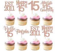 EST 2011 Lot de 24 décorations de gâteau d'anniversaire à paillettes 15e anniversaire 15 ans Joyeux anniversaire 15 ans Décoration de gâteau pour fête d'anniversaire Rose