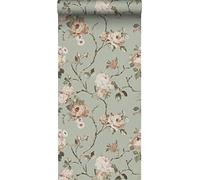 ESTAhome papier peint fleurs vintage vert menthe grisé et rose clair - 139291-53 cm x 10,05 m