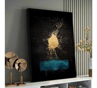 Estampe d'art à coups de pinceau dorés et turquoise - Décoration murale de luxe, éclaboussures dorées sur toile noire, décoration intérieure contemporaine, peinture artistique (21 x 30 cm/sans cadre)