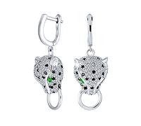 Estate Art Deco Animal Spotted Black White Panther Cat Green Eye Cubic Zirconia Pave CZ Lever Back Pendre Earrings For Women Laiton Plaqué Argent