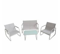 Este Ensemble de Jardin 4 Places en Acier au Carbone, Table Basse avec Dessus en Verre, Blanc, Saint Martin