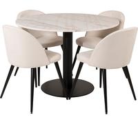 EstelleØ106WHBL ensemble table, table blanc, marbre et 4 Velvet chaises Velours côtelé beige, noir.