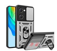 ESTH® Coque pour Vivo Y03 4G/Vivo Y18 4G/Vivo Y28s 5G avec Lentille Coulissante Couverture et Support Rotatif, Anti-Chute Étui Housse Compatible avec Support De Voiture Magnétique, Argent