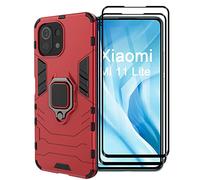 ESTH® Coque pour Xiaomi 11 Lite 5G NE/Mi 11 Lite | Mi 11 Lite 5G avec 2 Pièces Protection Écran, 360° Support Rotatif [Fonctionne avec Support De Voiture Magnétique] Étui Housse, Rouge