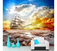 Esthétique Ciel Voiliers Oiseaux En Vol Mer Papier Peint 3d Moderne Soie Texturée Haut De Gamme IdéAl Pour Le Salon Et La Chambre à Coucher-150cm×105cm