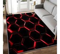 Esthétique Gaming 80x150 cm Tapis de Chambre, Sci-FI Hexagone Nid d'abeille Géométrique Lavable Tapis de Salon Antidérapant - Noir Rouge Doux Moquette pour Chambre d'enfant Salle de Jeu