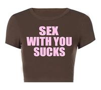 Esthétique Rétro Lettre Imprimer À Manches Courtes Crop Top Femmes Sexy Slim D'été Tee Chic Esthétique Streetwear y2k-Marron,S