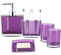 Estink Ensemble de Salle de Bain Moderne en Acrylique, 5 Pièces avec Distributeur de Savon, Porte Brosse à Dents, Porte-Savon, 2 Tasses, Design Luxueux, Violet