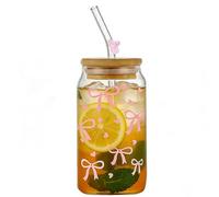 ESYFOR Verre avec Couvercle et Paille, Tasses à Café Glacé 16 oz Élégant Transparent Forme de Nœud Réutilisables Gobelet en Verre pour Thé, Bière, Lait, Eau, Jus