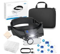 eSynic 13X Lunettes Loupe Grossissante avec Sac de Rangement avec Lampe LED Loupe Serre-tête Rechargeable 5 Lentilles 1,5X à 3,5X Détachable Bandeau pour Travail de Précision Réparation Couture - Noir