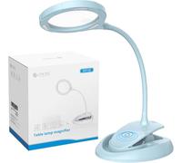 eSynic Azur Lampe Loupe LED 3 Mode de Luminosité 15 LED à Haute Luminosité 5X10X Lampe Loupe sur Pied avec Chargement USB, Base, Clip Batterie au Lithium 400mah pour la Lecture et Le Manuel