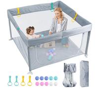 eSynic Parc Bébé 120x120cm avec 10 Boules et 4 Poignées Parc Bebe Pliable pas de Montage Enceinte Modulaire Pliable Porte avec Fermeture Éclair Éxtérieure avec Sac de Voyage Portable - Gris