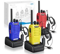 eSynic Talkies Walkies Ensemble de 3 Pièces Rouge Jaune Bleu PMR446 sans Licence 16 Canaux Talkies Walkies Rechargeable Batterie 1500 mAh avec Casque Audio Lampe LED Chargeur Fonction VOX pour Camping