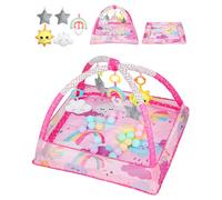 eSynic Tapis d'Éveil Bébé 77 * 77 * 52cm avec Clôture en Maille Tapis Sensoriel Bébé Lavable Montage Facile avec Jouets Suspendus Amovibles Ballons Océaniques Cadeaux pour Âgés de 0-18 Mois - Rose