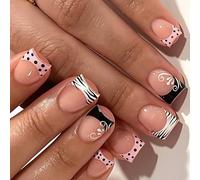 Et des ongles artificiels élégants avec des illustrations géométriques à points incurvés dans des teintes délicates de rose et de brun, des ongles en époxy