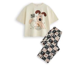 Et Gromit Ensemble pyjama femme | Haut à manches courtes avec logo classique Gromit Tea pour femme et bas de vêtements de détente graphiques imprimés sur toute la surface en Gris et Bleu Marine