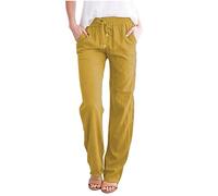 Et Lin Pantalon Femme Extensible Taille Droit Décontracté Pantalon Long Élastique en Coton, jaune, 3XL