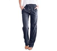 Et Pantalon élastique Solide Droit Long Cordon de Serrage Lin Femmes Taille Coton Pantalons décontractés Casual Pants (Navy S)