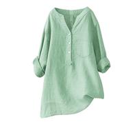 Et Ventes Flash HUIFUAO T-Shirt d'été Ample en Coton et Lin à Manches Longues avec Poche boutonnée pour Femme, Vert Menthe, Taille XXXXL