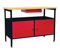 Établi à double porte DEFITEC - Rouge/Blanc - Pieds réglables - 1 tiroir - 2 étagères