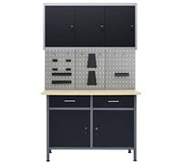 Établi Atelier en Acier et Bois 120x60x85 cm avec 2 tiroirs, 3 Panneaux muraux perforés, Armoire Murale verrouillable, Rangement Outils pour Garage Bricolage mécanique