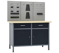 Établi Atelier Robuste en Acier et Bois d'ingénierie 120x60x85 cm avec 2 tiroirs, 2 armoires verrouillables, 3 Panneaux muraux perforés pour Rangement Outils Bricolage Garage menuiserie