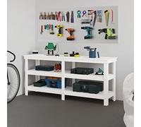 Établi blanc en pin massif 181 x 50 x 80 cm Table de travail avec tiroir de rangement et étagère pour atelier, garage, cave, table de bricolage avec paroi perforée et roulettes
