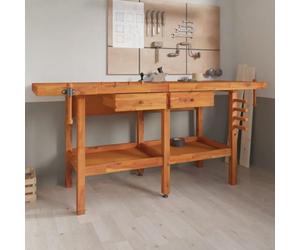 Établi Bois Acacia Massif 184-192 x 54-62 x 83 cm avec 2 Étaux Frontal et Final, 2 Tiroirs et 1 Étagère, Plan de Travail 180 cm pour Atelier Garage Menuisier Bricolage, Brun