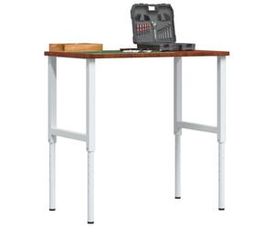 Établi bois de chêne massif marron foncé avec pieds métal réglables, table atelier bricolage garage menuiserie mécanique quincaillerie poste travail rangement outil