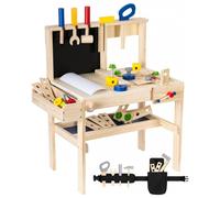 Établi de jeu Meister en bois, établi avec outils et accessoires (75 pièces) pour enfants - Ceinture à outils incluse