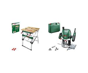 Établi de Travail Bosch - PWB 600 (4 Mâchoires, Capacité de Charge Maxi : 200 Kg, Emballage Carton) & Défonceuse Bosch - POF 1400 ACE - 1400W (avec régulation électronique, réglage de la Profondeur
