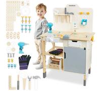 Établi Enfant - MAMABRUM - 74 Éléments - Bois de Pin - Hauteur Réglable - Perceuse/Visseuse