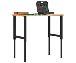 Établi marron clair 100 x 60 x (71,5-98) cm en chêne massif réglable en hauteur avec structure en métal Table de travail robuste pour atelier, garage, salle de loisirs avec beaucoup d'espace de