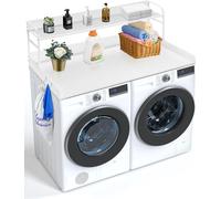 Établi pour lave-linge et sèche-linge VEVOR avec 2 étagères (1370 x 700 x 419 mm), étagère à roulettes avec tapis antidérapant, tapis à linge imperméable pour le rangement, blanc