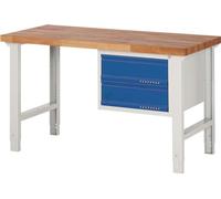 Établi série BK 650 L1500xP700xH790-1140mm Hêtre gris clair / bleu gentiane 2 tiroirs