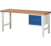Établi série BK 650 L2000xP700xH790-1140mm Hêtre gris clair / bleu gentiane 2 tiroirs