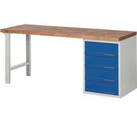 Établi série BK 650 L2000xP700xH840mm hêtre massif gris clair / bleu gentiane 4 tiroirs