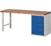 Établi série BK 650 L2000xP700xH840mm hêtre massif gris clair / bleu gentiane 5 tiroirs