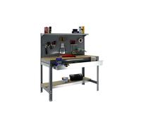 SimonRack Etabli d’Atelier, Capacité de Charge 400 kg, 1445x910x610 mm, Panneau Perforé avec 1 Étagère, Étagère Tiroir de Rangement, Table de Travail Bricolage, Gris/Bois - BT3