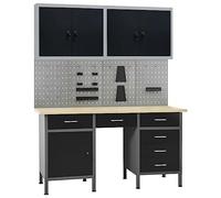 Etabli Table de travail avec 4 parois à outils, 2 armoires murales, 6 tiroirs, capacité de charge de 500 kg, hauteur réglable, construction solide en métal et bois
