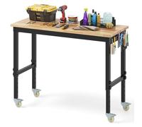 Établi Travail Roulettes 122 x 51 x 74-104 cm COSTWAY-Charge 1100 KG-Plateau de Travail en Bois de Caoutchouc-2 Panneaux Perforés-