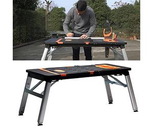 Établi universel pliable 7 en 1 Table multifonction Planche à roulettes Chariot à main Chevalet de sciage Pieds de table réglables en hauteur 1140 x 590 mm