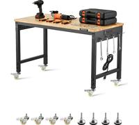 Établi VEVOR 1220x610x711-1003mm, capacité de charge 907, établi avec prise de courant, roues et panneau enfichable, table de travail robuste avec plateau en chêne pour garage, atelier, bureau et mais