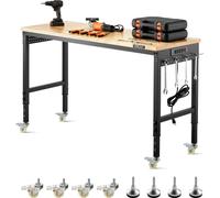 Établi VEVOR 1524x559x711-1030mm, capacité de charge 907 kg, table de travail avec prise, roues et panneau enfichable, table de travail robuste avec plateau en chêne pour garage, atelier, bureau et ma
