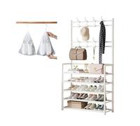 Étagère À Chaussures 3/4/5 Niveaux, Vestiaire Porte-chaussures De Grande Capacité En Métal, Meuble Chaussures Avec 8 Crochets Et 10 Surchaussures, Porte-Manteaux D'Entrée(White,78*28*170 cm)