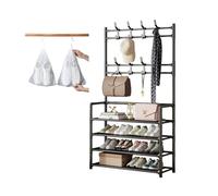 Étagère À Chaussures 3/4/5 Niveaux, Vestiaire Porte-chaussures De Grande Capacité En Métal, Meuble Chaussures Avec 8 Crochets Et 10 Surchaussures, Porte-Manteaux D'Entrée(Black,60*28*170 cm)