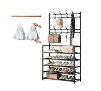 Étagère À Chaussures 3/4/5 Niveaux, Vestiaire Porte-chaussures De Grande Capacité En Métal, Meuble Chaussures Avec 8 Crochets Et 10 Surchaussures, Porte-Manteaux D'Entrée(Black,78*28*170 cm)