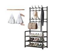Étagère À Chaussures 3/4/5 Niveaux, Vestiaire Porte-chaussures De Grande Capacité En Métal, Meuble Chaussures Avec 8 Crochets Et 10 Surchaussures, Porte-Manteaux D'Entrée(Black,60*28*140 cm)